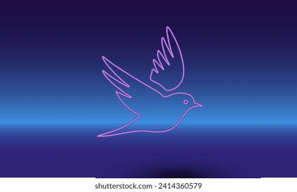 Neon bird symbol on a gradient blue background. The isolated symbol is located in the bottom center. Gradient blue with light blue skyline