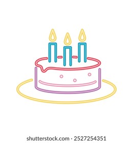 neon birthday cake with burning blue candles isolated