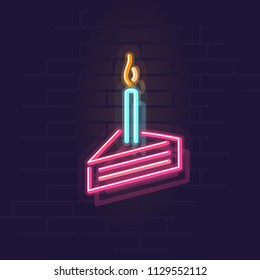 Neon birthday cake. Night illuminated wall street sign. Isolated geometric style illustration on brick wall background.