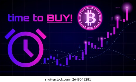 O gráfico de bitcoin de néon retrata um gráfico de negociação brilhante com uma recomendação de compra. Conceito de criptomoeda estratégia de investimento visualização, economia digital infográficos