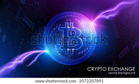 Neon bitcoin on a dark blue background. Abstract vector image. Flash of electric lightning against the background of computer microchips. Digital electronic currency. Cryptocurrency. Online banking.