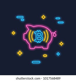 Neon Bitcoin and Piggy logo. Crypto currency glowing icon sign. Digital money. Investment concept. Block chain, finance symbol. Vector illustration