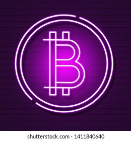 Neon Bitcoin Symbol  On Background.light Effect. Digital Money, Mining Technology Concept. Vector Icon.