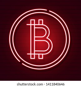 Neon Bitcoin Symbol  On Background.light Effect. Digital Money, Mining Technology Concept. Vector Icon.
