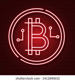 Neon Bitcoin Symbol  On Background.light Effect. Digital Money, Mining Technology Concept. Vector Icon.