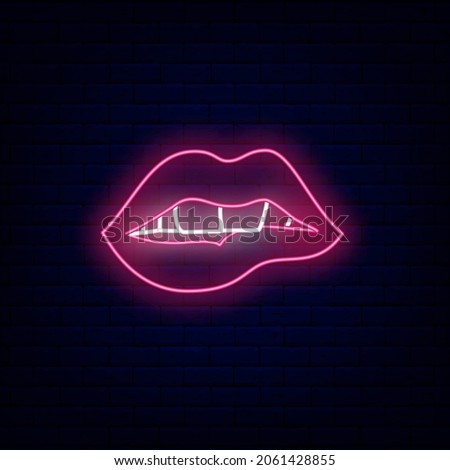 Neon bitting lips sign. Night bright promotion. Intimate items store. Cosmetics salon. Outer glowing effect banner. Greeting card and poster. Editable stroke. Isolated vector stock illustration