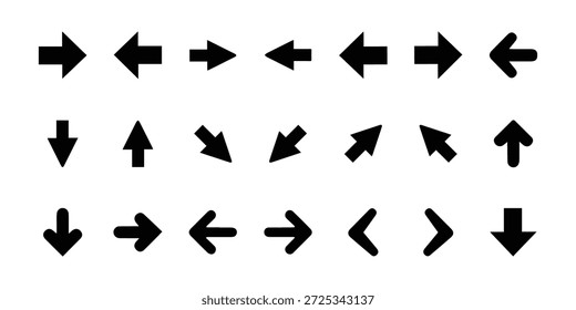 Icono de conjunto de flechas negras de neón. Hermoso diseño de Vector de flecha. Colección de la flecha de diversos diseños del estilo, flecha plana aislada en un fondo blanco.