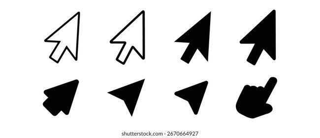Paquete de iconos de flecha de cursor negro de neón. Flechas Vector cantar aislado sobre un fondo blanco. Cursor y mano Hermosa colección de Vector de flecha.