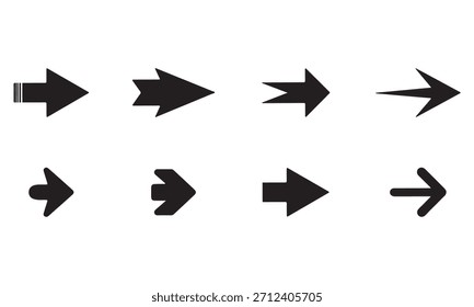 Neón negro hacia adelante plano signo de la flecha, conjunto de colecciones de flecha con fondo blanco, diseño de símbolo direccional de flecha. 