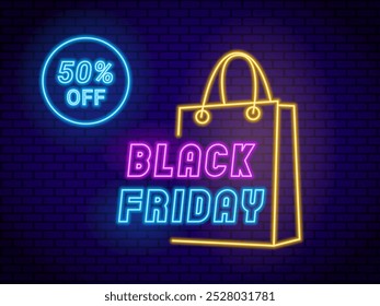 Neon Black Friday background featuring 50 percent discount. Vector illustration or promotional designs, retail sales and eye-catching advertising campaigns