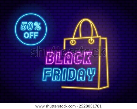 Neon Black Friday background featuring 50 percent discount. Vector illustration or promotional designs, retail sales and eye-catching advertising campaigns