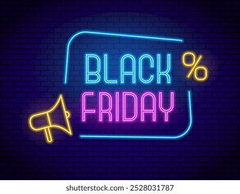 Neon Black Friday banner displayed on brick wall. Vector illustration for sales promotions, retail events and advertising designs