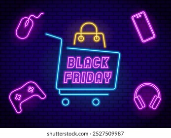 Banner Neon Black Friday com eletrônica. Ilustração vetorial para vendas de tecnologia, promoções de varejo e eventos de desconto digital