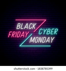 Neon Black Friday and Cyber Monday signboard. Sale banner with glowing neon text. Concept template for promo banners, flyers, brochures. Stock vector illustration.