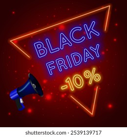 Neon Black Friday Fund with 10% discount. Vector illustration or promotional designs, billboard sales and advertising campaigns.