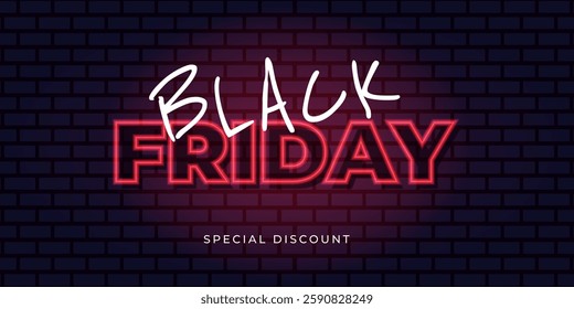 Neon Black Friday horizontal banner on brick wall background. Vector illustration for final sale, special discount, promotion, exclusive offer, black friday
