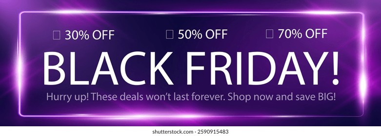 Neon black friday sale banner in rectangular format with glowing frame, discount percentages, and promotional text on dark purple background.
