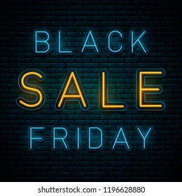 Neon Black Friday Sale labels. Modern neon red billboard on brick wall. Super sale. Glossy plastic material style.