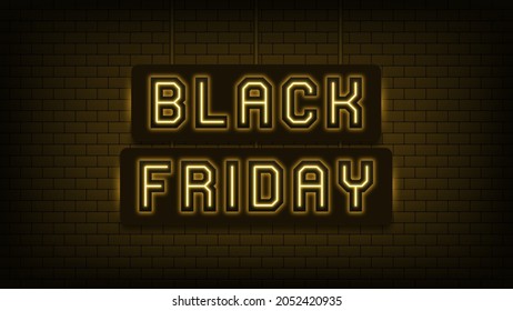 Neon Black Friday sale, yellow light. Glowing neon text of Black Friday for social media post and online advertising. Promo banner, headline, background and title. Vector illustration