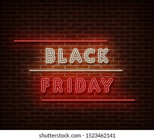 Neon Black Friday text banner vector isolated on brick wall. Special price offer light symbol, decoration text effect. Neon black friday sale illustration.