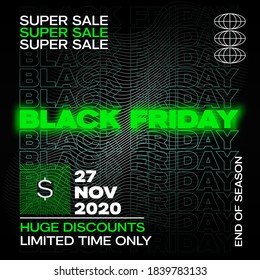 Neon Black Friday Typography Banner, Poster or Flayer Template. Creative Wave Grid Background Concept. Abstract Fluorescent Decorative Elements. Sale Promotion or Advertising Luminous Layout.