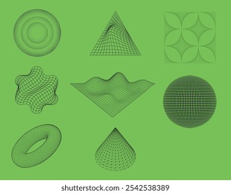 Neon black wireframe shapes and grids create abstract backgrounds and patterns, with a cool cyberpunk, psychedelic rave style on green background