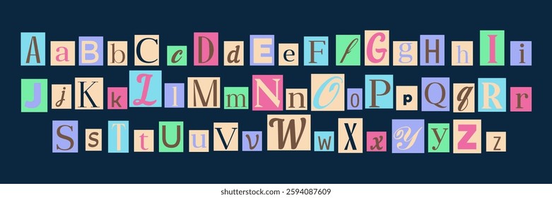 Neon Blackmail Ransom Anonymous Notes. Criminal or detective font. Diverse newspaper cutout alphabet for collages and scrapbooking. Vector illustration