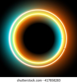 Neon blank circle for your design. Electronic glowing round frame on a black background, vector
