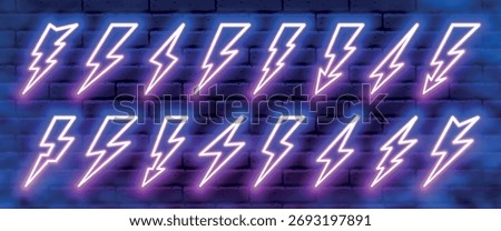 Neon blazing lightning strike in darkness. Night club bright banner sign of thunder light sparks storm flash thunderstorm. Power energy fast speed charge icons. Natural effects thunderbolt concept