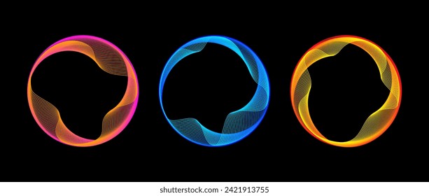 Neon blend circle lines set. Glowing colorful round tech frame collection. Curved wavy line circles on black background. Bright gradient circular border pack. Vector design element bundle