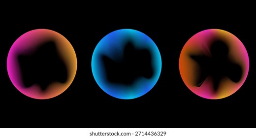 Neon blend circle lines set. Glowing colorful round tech frame collection. Curved wavy line circles on black background. Bright gradient circular border pack. Vector design element bundle