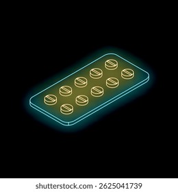 Blíster de neón que contiene píldoras redondas que brillan sobre un fondo negro