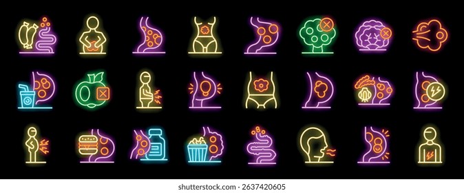 Neon bloating icons showing abdominal pain, digestive problems, food intolerance, and medical treatment