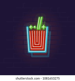 Neon bloody mary icon. Night illuminated wall street sign. Isolated geometric style illustration on brick wall background.