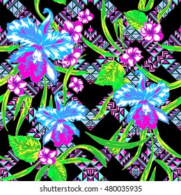 Neon blossom flowers pattern. Vector Floral pattern seamless bright color flowers frangipani and green leaves on tribal diagonal ornament tie dye.