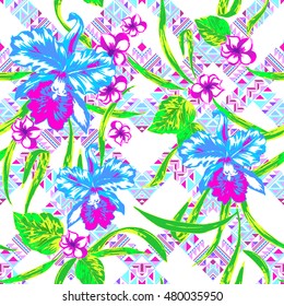Neon blossom flowers pattern. Vector Floral pattern seamless bright color flowers frangipani and green leaves on tribal diagonal ornament tie dye.
