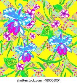 Neon blossom flowers pattern. Vector Floral pattern seamless bright color flowers frangipani and green leaves on tribal diagonal ornament tie dye.
