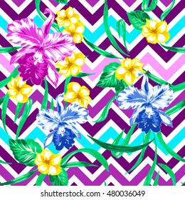 Neonblüten Blumenmuster. Vector Blumenmuster nahtlose helle Blumen Frangipany und grüne Blätter auf Stammezag Zag Zag Multi-Farbe.