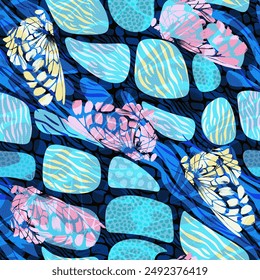 Azul neón Abstractas mariposa alas rayas estampado en capas de Vector animal patrón sin costura para Fondos de pantalla o diseño textil de tela de moda