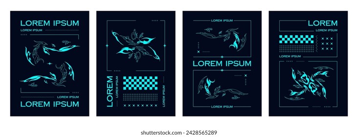 Neon blue abstract neo tribal shapes on black background on poster design template in y2k trendy style. Vector set of banner and cover layout with minimalistic cyberpunk gothic elements and stickers.