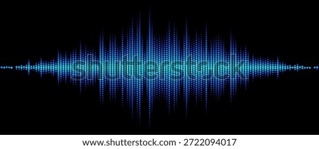 Neon blue abstract sound wave element. Dotted music equalizer shape design. Audio radio signal visualization concept. Shining digital voice assistant line pattern. Song track sample player. Vector