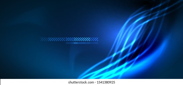 Neon blue abstract waves background. Shiny lights on bright colors with design elements. Futuristic or technology template illustration, hi-tech concept