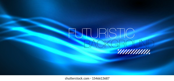 Neon blue abstract waves background. Shiny lights on bright colors with design elements. Futuristic or technology template illustration, hi-tech concept
