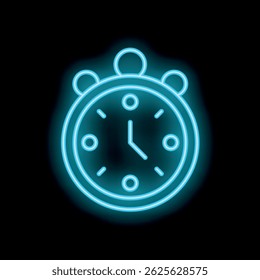 Neon blue alarm clock glowing on a black background, perfect for concepts related to time management