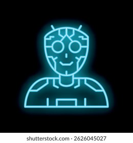 Neon blue alien being with electronic circuits is smiling and looking forward