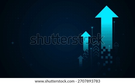 A ne-on blue arrow ascends from pixelated data, capturing the concept of financial growth driven by digital transformation. Vector and illustration Arrows