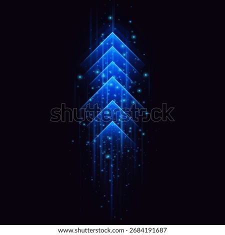 Neon blue arrow with glowing particles and flow lines, up, black isolated background. Theme of technology, progress, direction, energy. Dynamic light effect. Vector illustration.