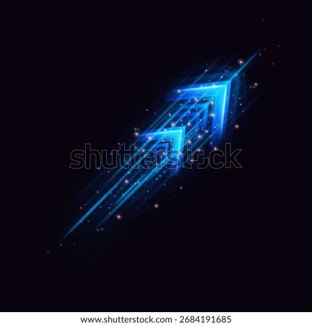 Neon blue arrow on black background with dynamic speed lines and glowing particles. Abstract cyber technology, high-speed energy flow. Progress theme, direction. Vector illustration.