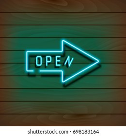 Neon blue arrow open on a wooden wall. Vector Illustration.