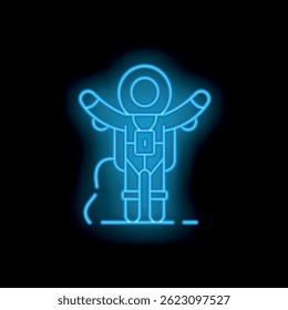 Neon blue astronaut celebrating his successful landing on an alien planet